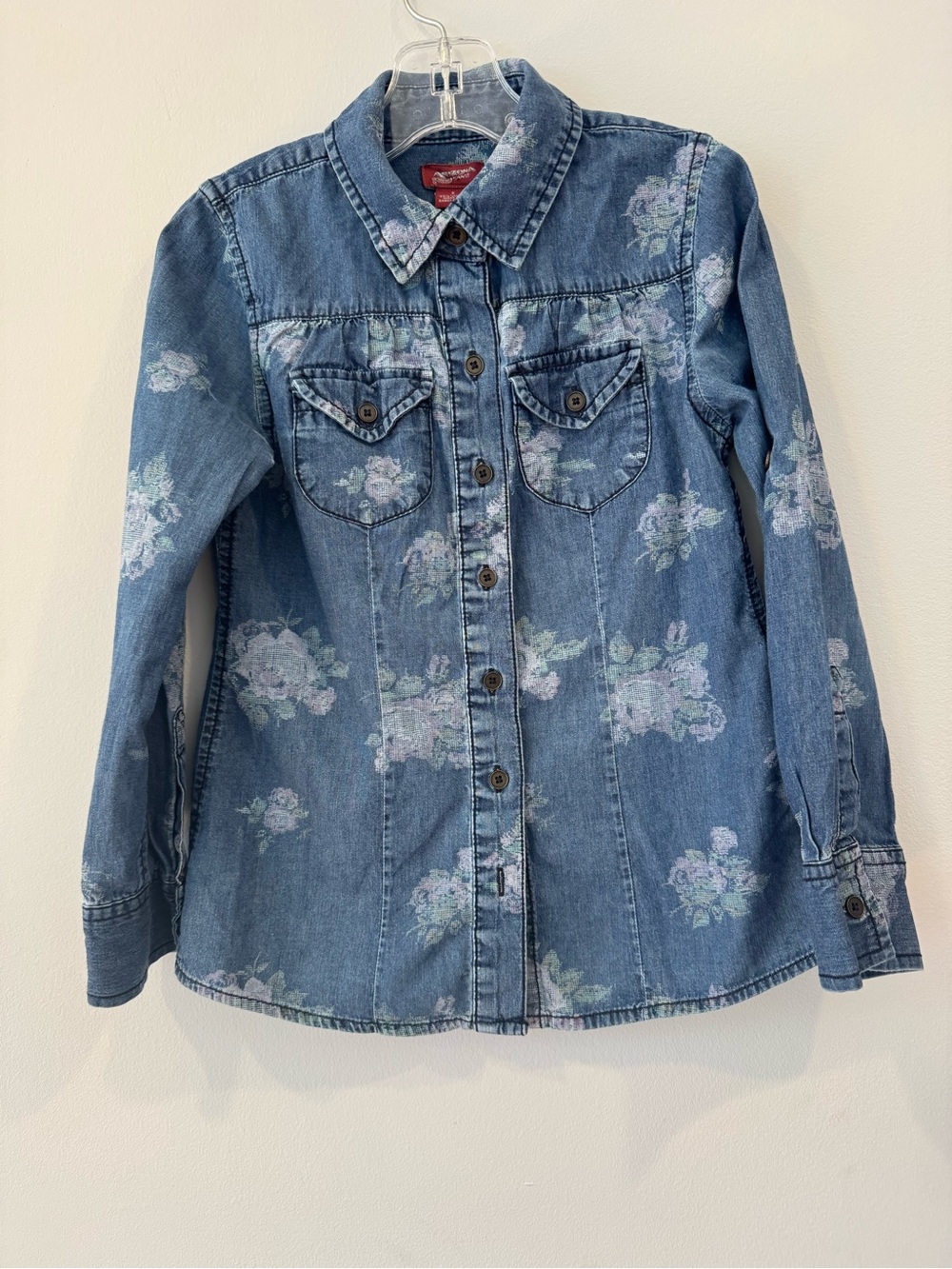 Floral Print Blue Denim Button-Up Shirt - Small